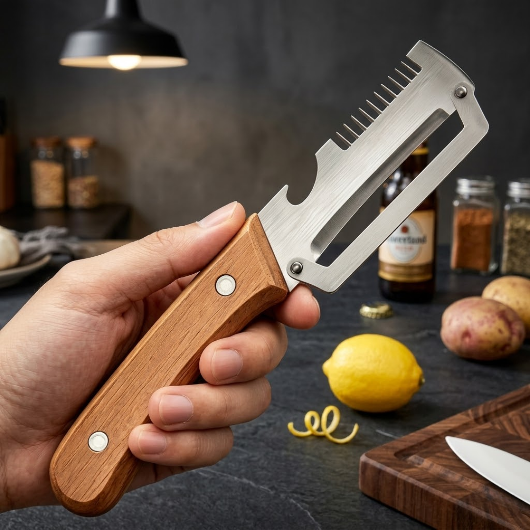 (Mother’s Day Sale 💖)2-in-1 Stainless Steel Vegetable Peeler with Wooden Handle & Bottle Opener