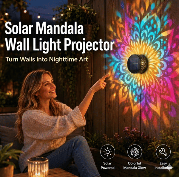 Solar Mandala Wall Light Outdoor Garden Fence Projector Lamp Patio Ambient Decor