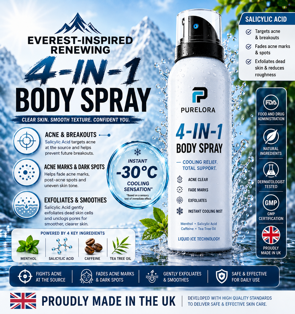 🔥 【Official Store】PURELORA® 4-in-1 Body Spray — Acne Clear · Fade Marks · Smooth Bumps · Exfoliating Mist | Salicylic Acid + Menthol + Caffeine + Tea Tree | Made in UK