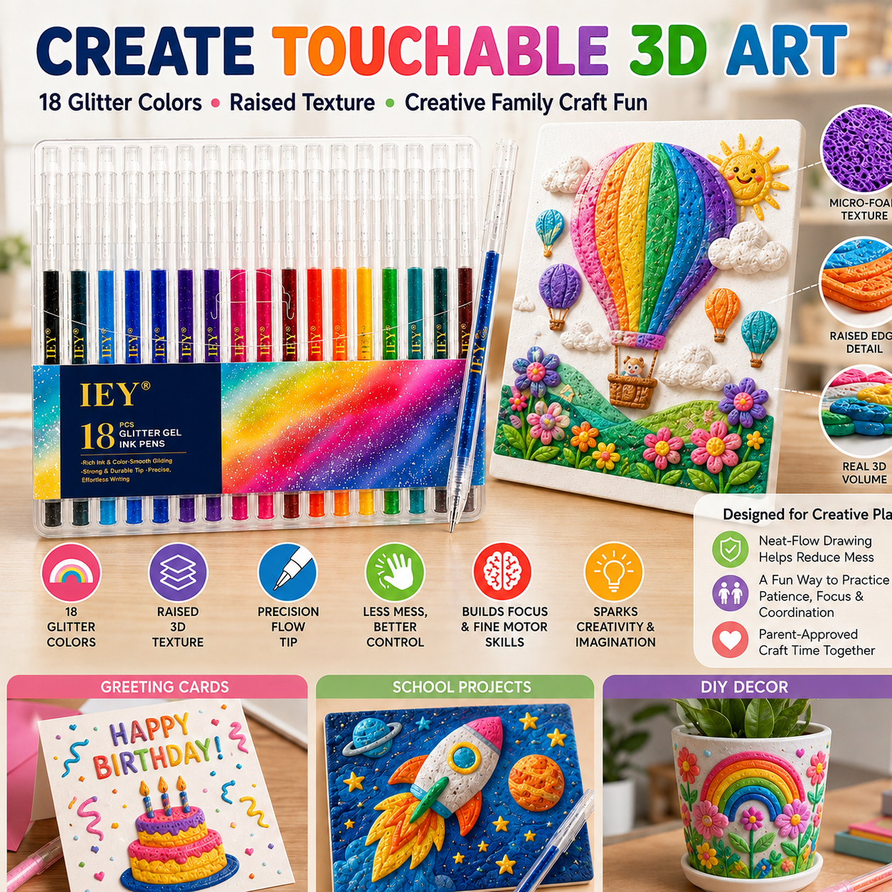 🎨Popcorn IEY® 3D Puffy Pens 18-Color Set | Magical Coloring Pens That “Rise” After Drawing | Kids’ Early Learning DIY Craft Gift Set