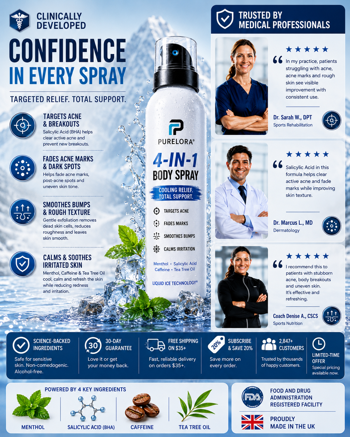 🔥 【Official Store】PURELORA® 4-in-1 Body Spray — Acne Clear · Fade Marks · Smooth Bumps · Exfoliating Mist | Salicylic Acid + Menthol + Caffeine + Tea Tree | Made in UK