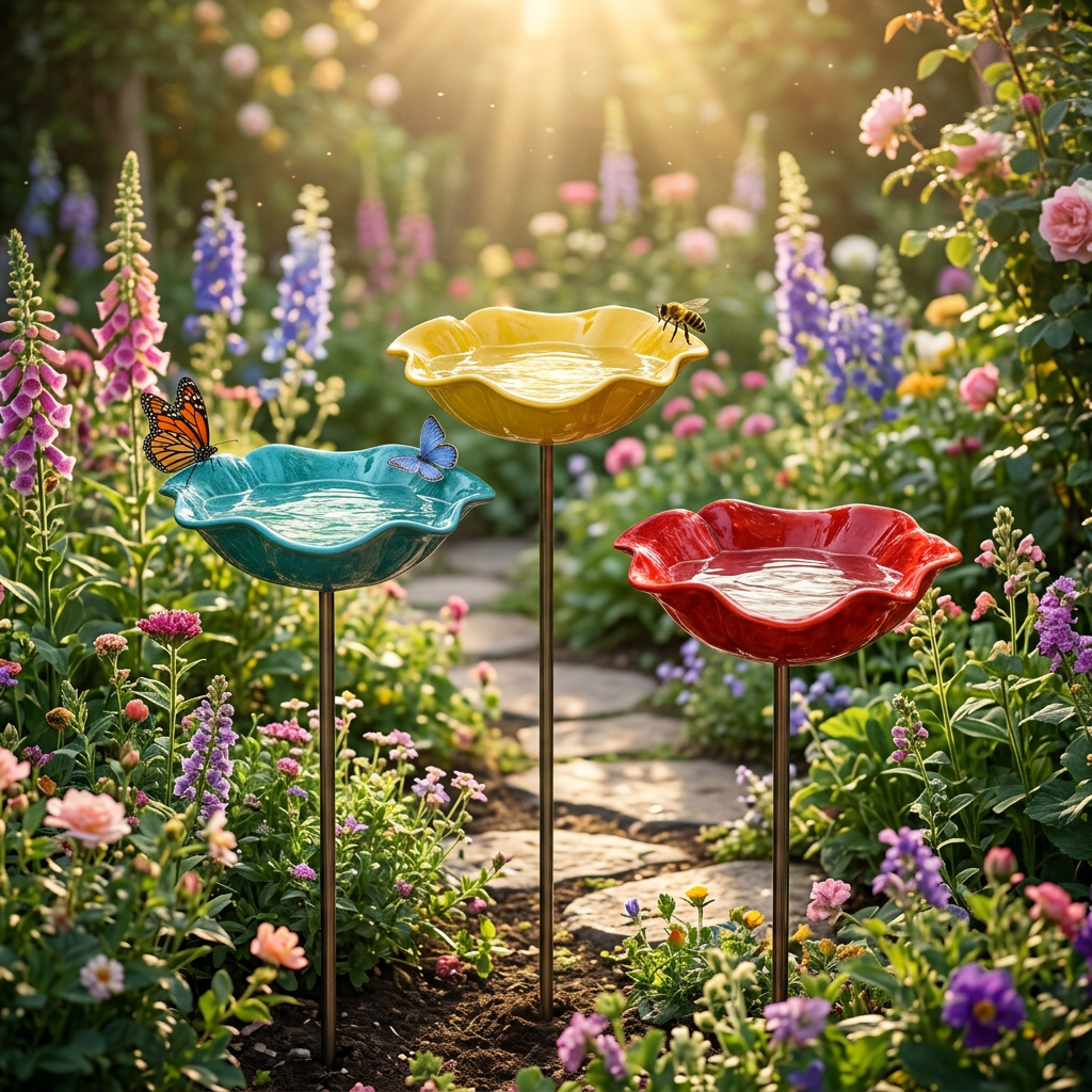Hand-Formed Poppy Bird Bath Garden Stake